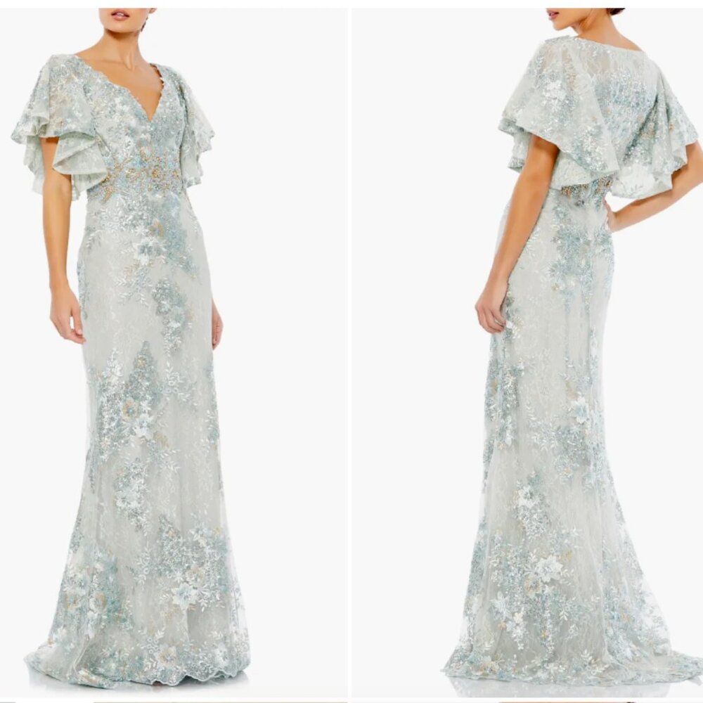 MAC DUGGAL 67842 BELL SLEEVE FLORAL EMBELLISHED SEAFOAM GOWN DRESS sz 18